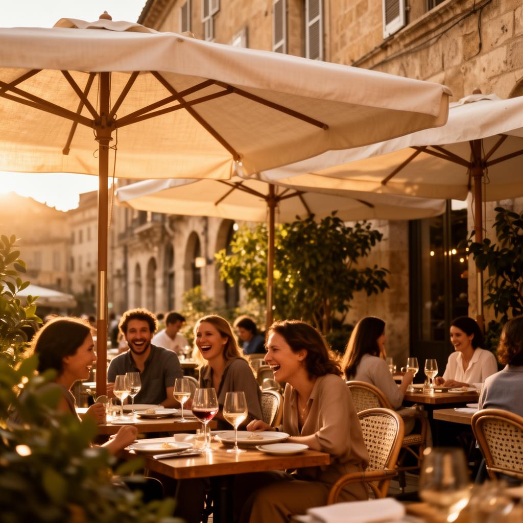 Zonovergoten restaurantterras met parasols en gasten bij gouden uur