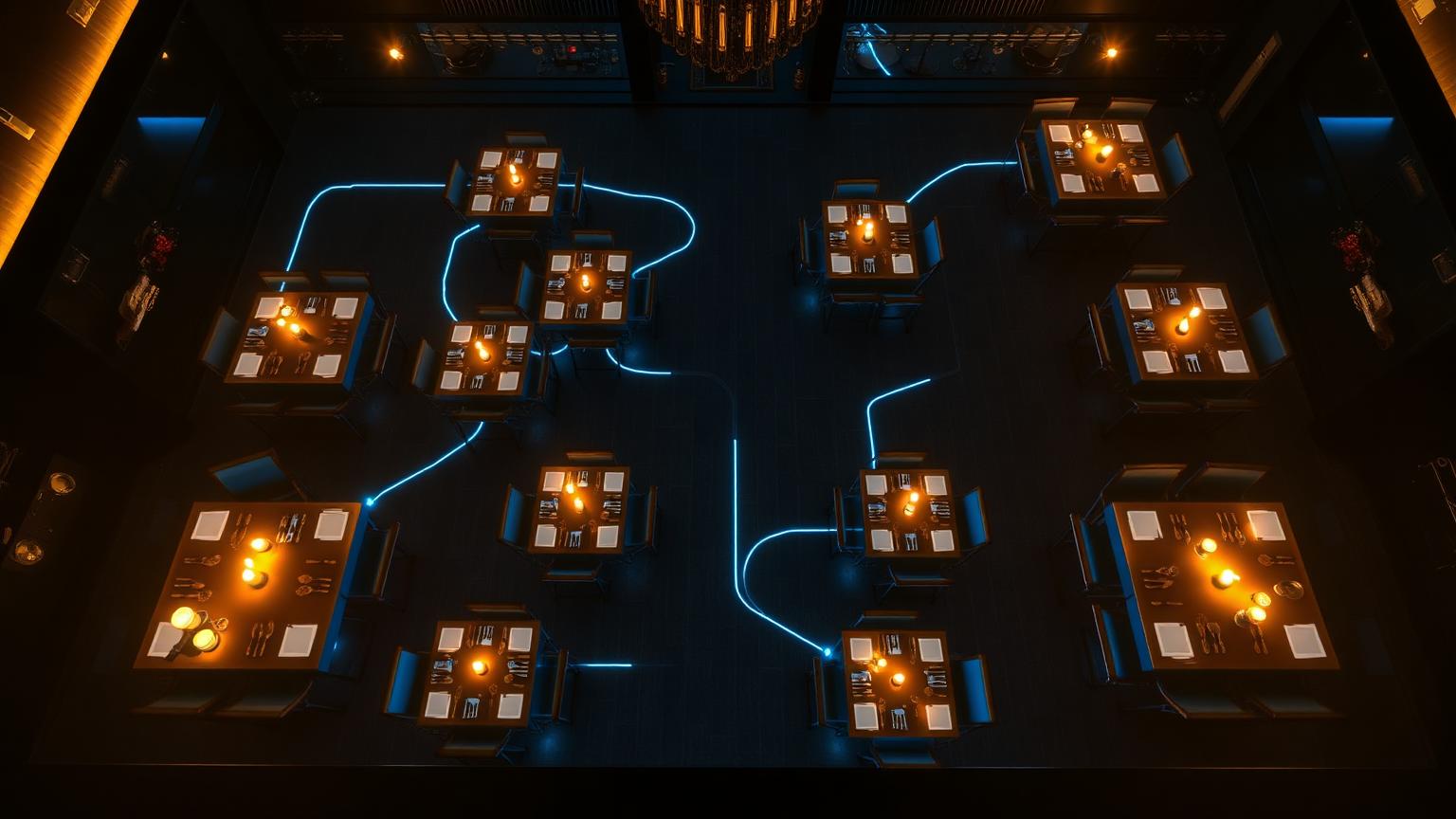 Top-down view of a restaurant floor plan with glowing AI connections between tables