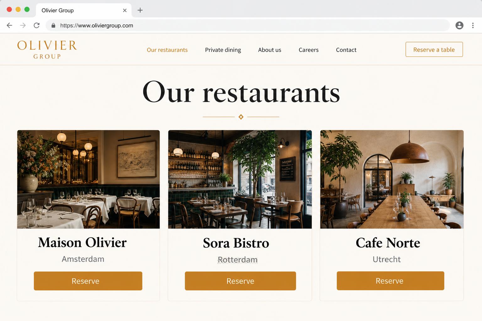 Restaurant group landing page showing three locations as cards