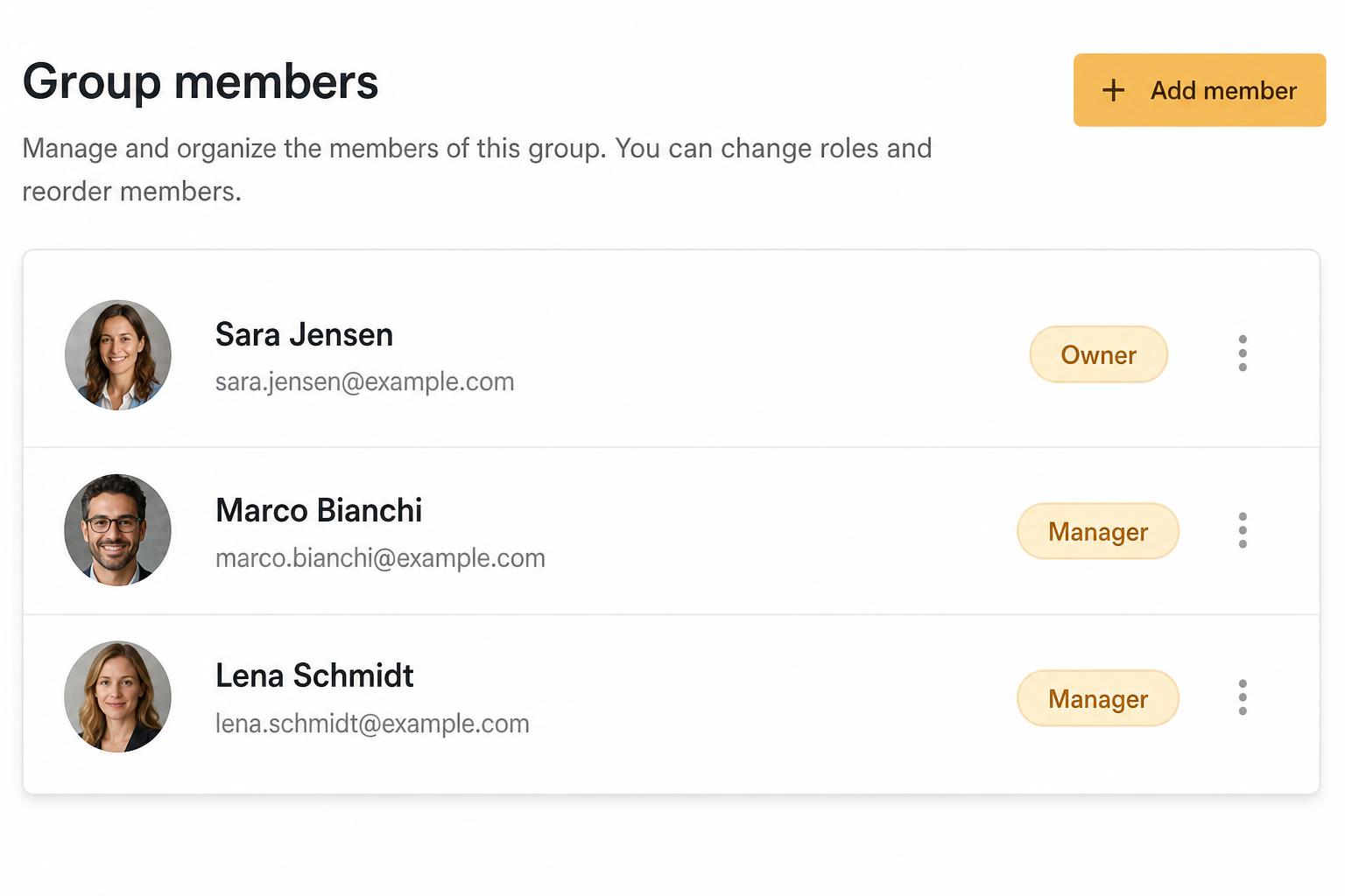 Group members admin screen with three restaurants and role badges
