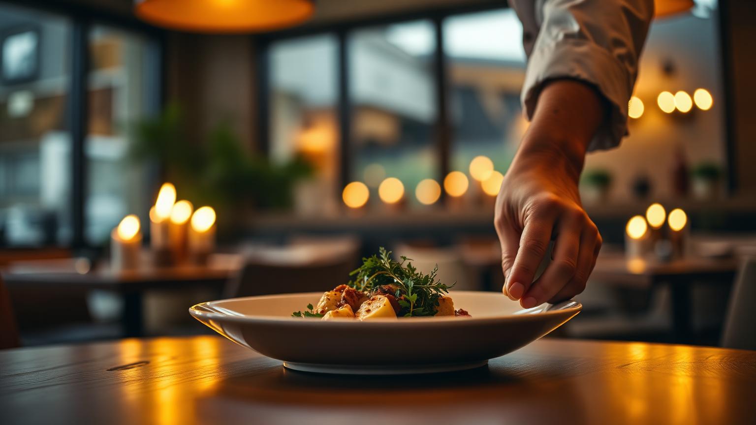 Chef plating a dish in a candlelit restaurant