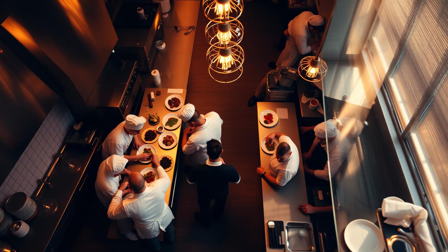 Top-down view of chefs plating dishes on a warmly lit kitchen pass